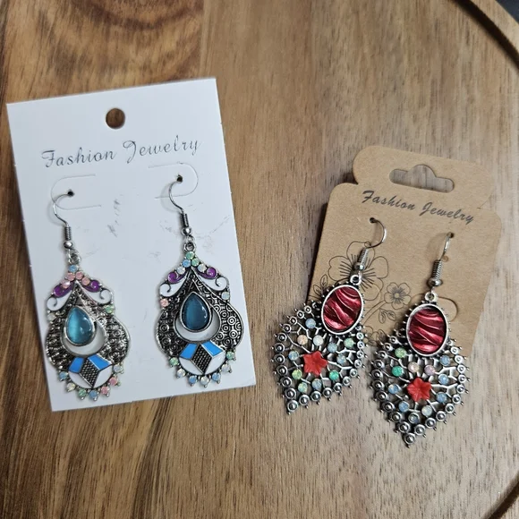 Women's Set of 2 Pairs Pierced Earrings Boho Ethnic Colorful Unique Bohemian New - Picture 5 of 7